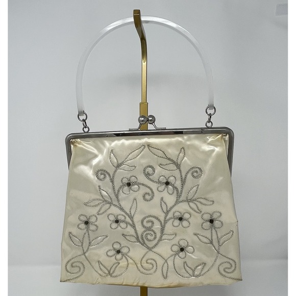 Vintage Purse Lucite Handle Satin Vinyl Overlay Cream Floral‎ Kisslock Wedding - Picture 1 of 11